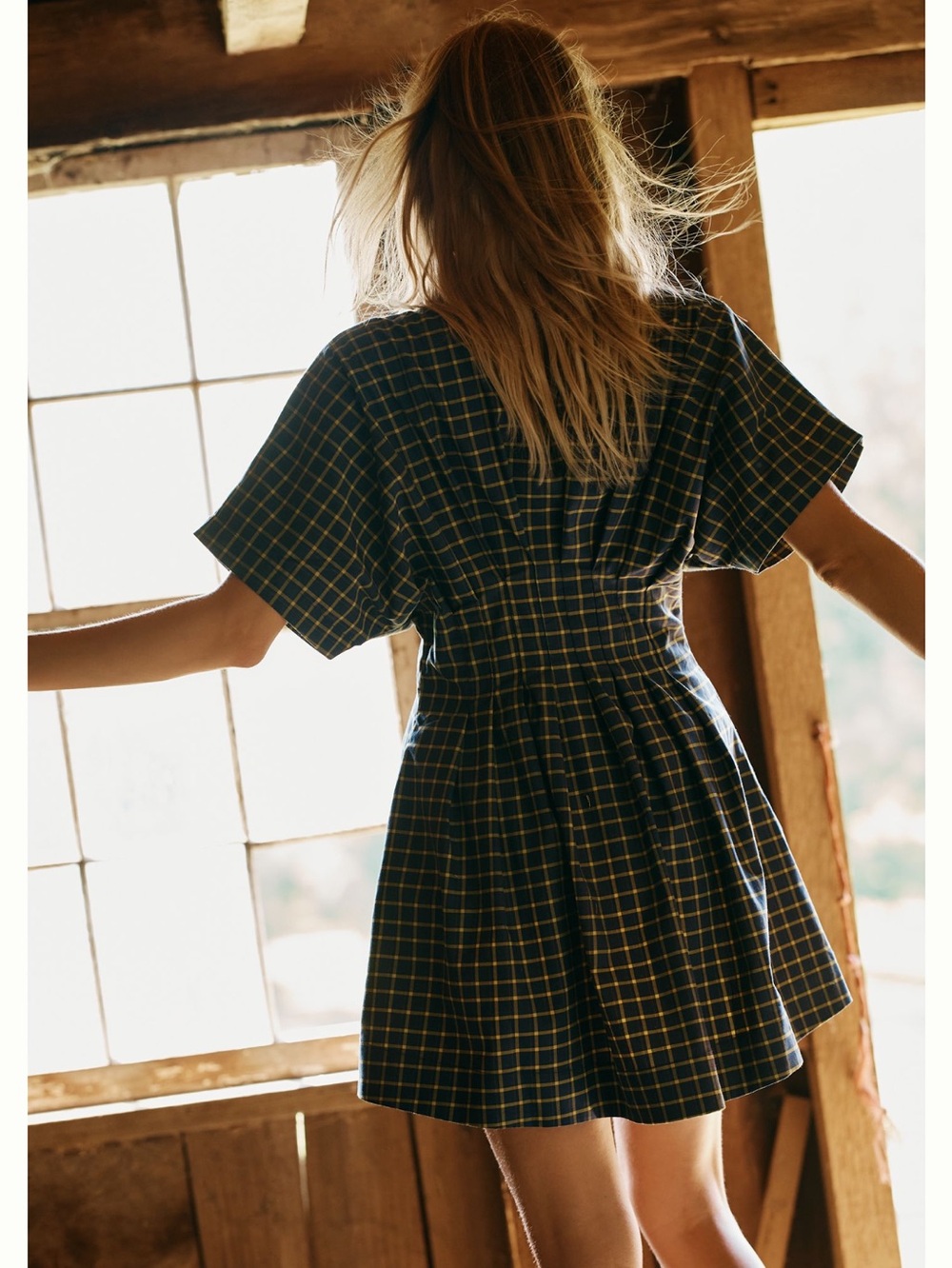 Exquise Tobie Short-Sleeve Pleated Mini Shirt Dress Navy Plaid Anthropologie - Picture 13 of 13